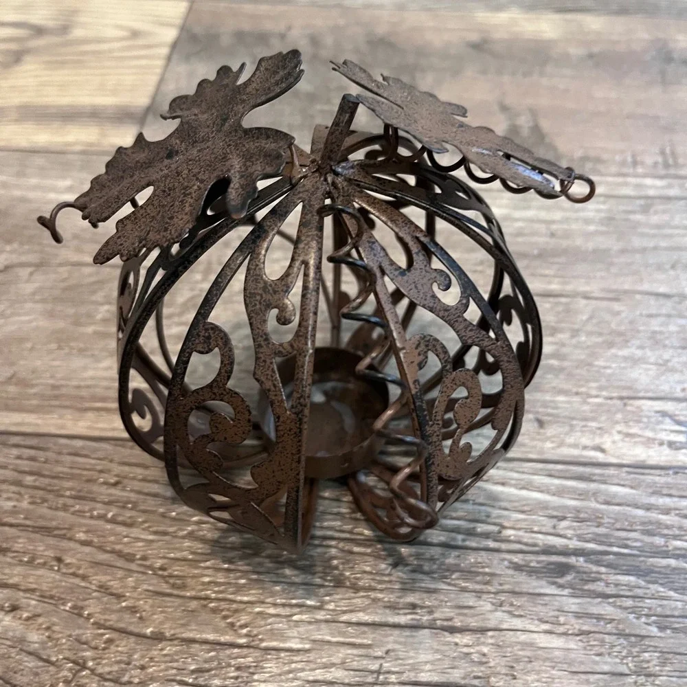 Rustic Bronze Metal Pumpkin Tea Light Candle Holder Fall Autumn Decor Scrollwork